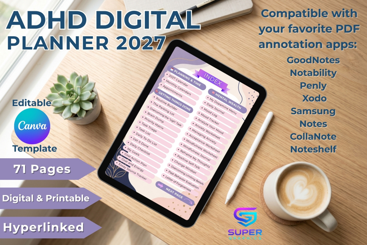 Digital ADHD Brain Dump Planner Canva Templates |ADHD Bundle example image 1