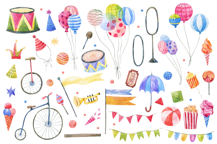 Watercolor Circus Clipart Bundle, Hand Painted PNG