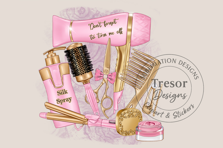 Pink Hair Salon Sublimation PNG Beauty Tools Design