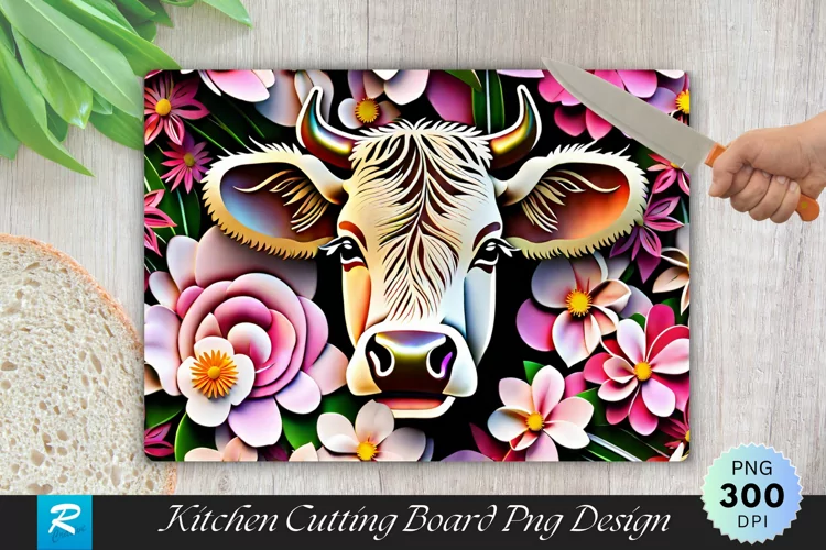 Cow With Flowers Cutting Board Sublimation Design