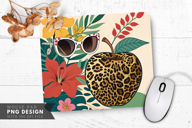 Bold Leopard Apple Sunglasses and Flowers Mouse Pad PNG