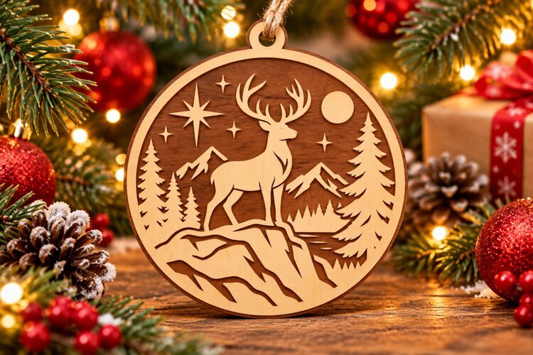 Woodland Deer Wooden Christmas Ornament Laser Cut SVG example image 1