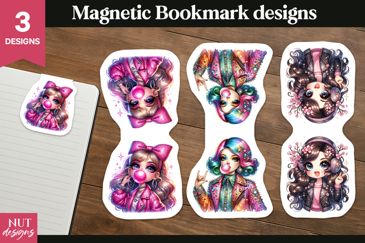 Magnetic bookmark for girl, Glamour girl bookmark Bubble gum