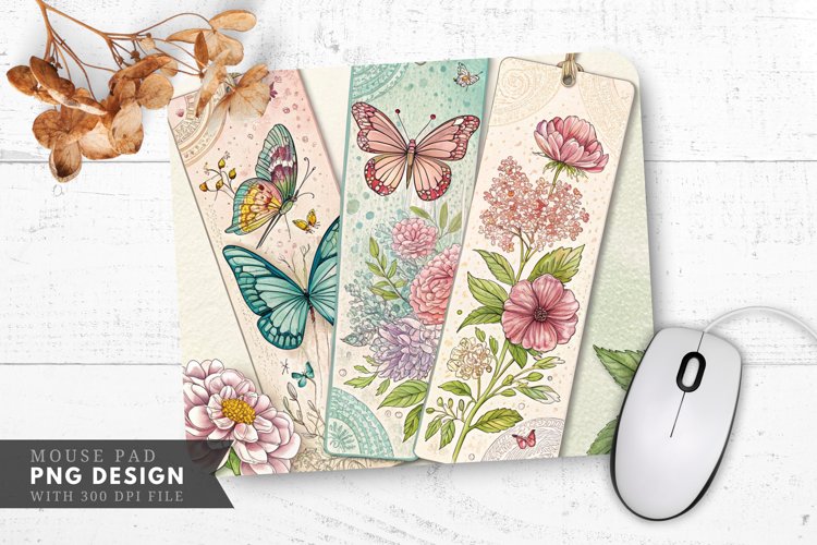 Whimsical Butterfly and Floral Bookmarks Mouse Pad PNG