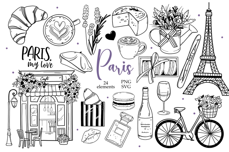 Hand Drawn Paris Clipart, French Aesthetic Line Art PNG SVG