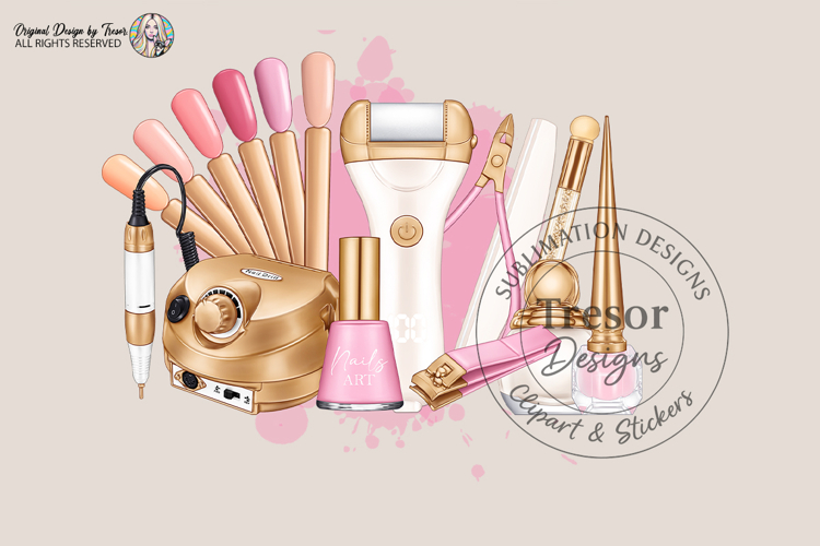 Nail Tech Sublimation PNG White Pink Gold Beauty Design