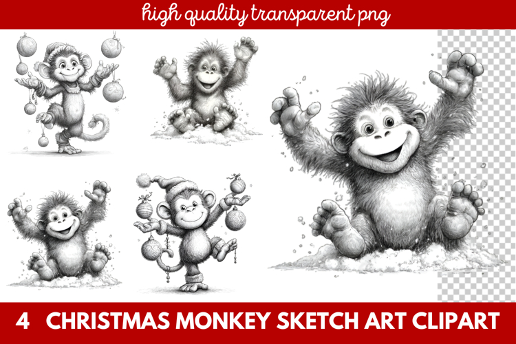 Christmas Monkey Sketch Art Clipart | Hand-Drawn Holiday