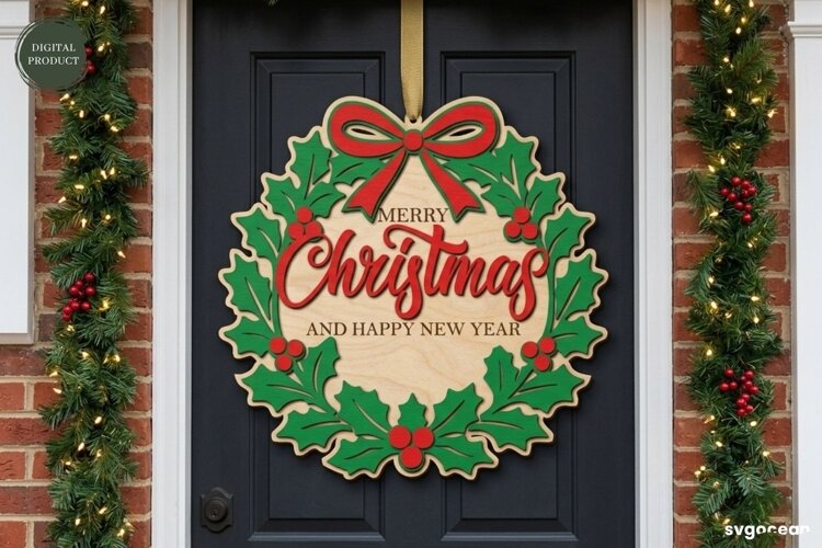 Christmas Door Sign Laser Cut | Xmas Wreath Sign | SVG example image 1