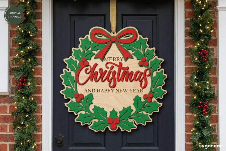 Christmas Door Sign Laser Cut | Xmas Wreath Sign | SVG