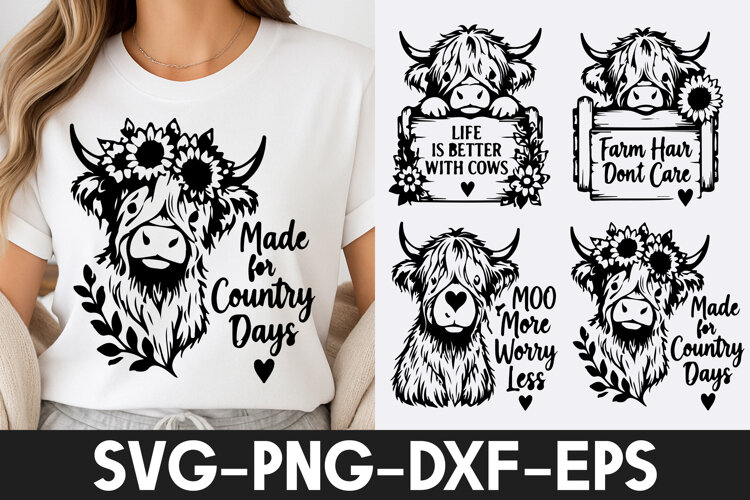 Highland Cow Country Life Sunflower SVG PNG example image 1