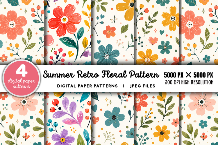 Summer Retro Floral Digital Paper JPG
