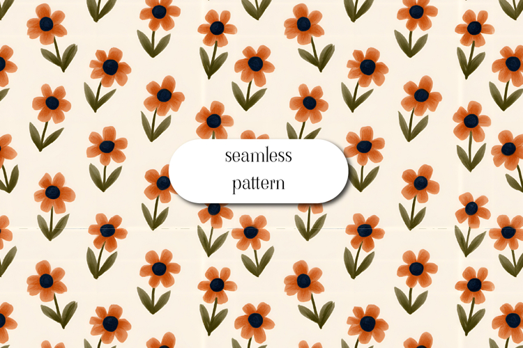Orange Floral Seamless Pattern, Retro Flower Repeat JPG