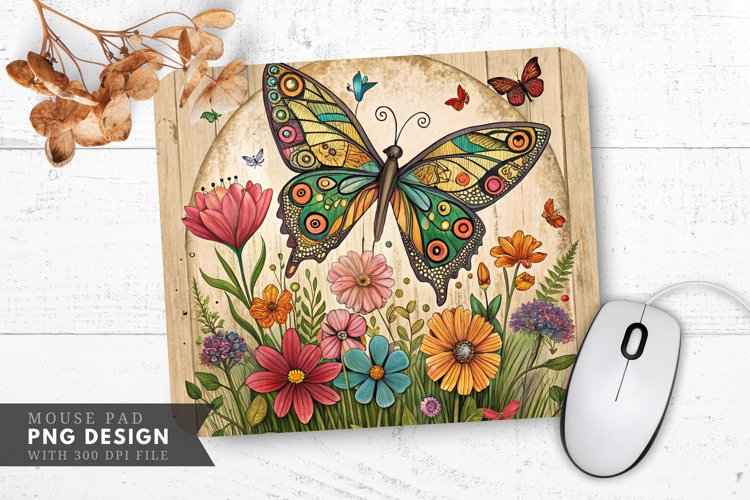 Butterfly and Floral Upcycled Art Mouse Pad PNG Design example image 1