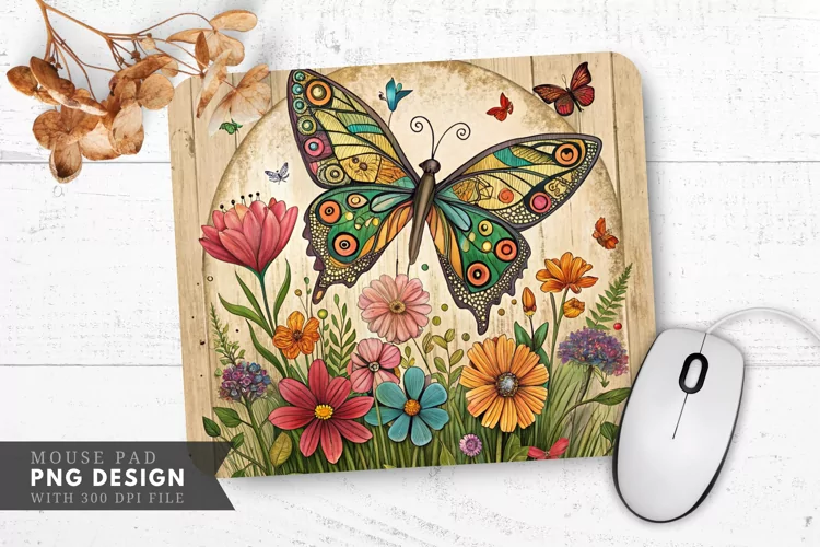 Butterfly and Floral Upcycled Art Mouse Pad PNG Design