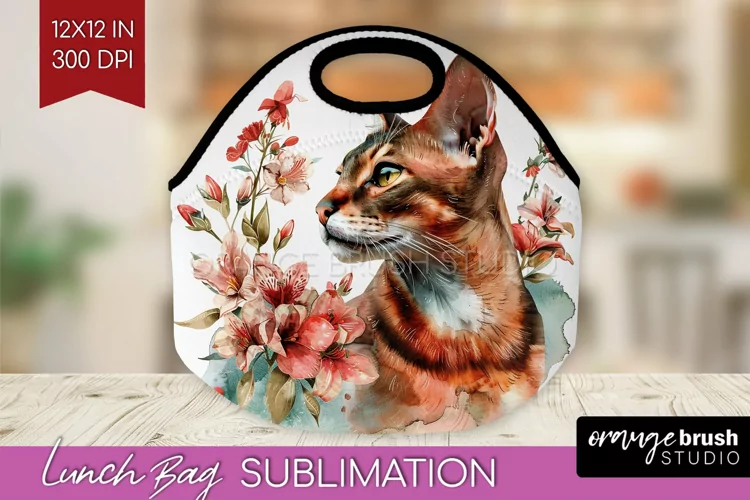 Floral Cat Lunch Bag - Flowers Lunch Bug PNG Sublimation