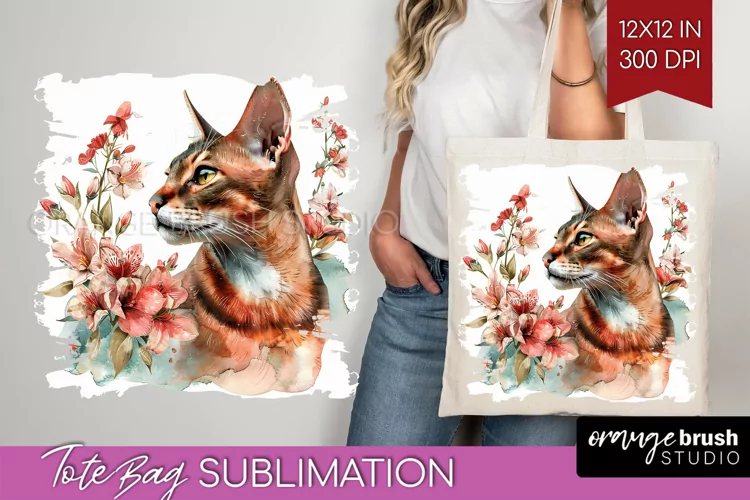 Floral Cat Tote Bag - Flowers Tote Bag PNG Sublimation