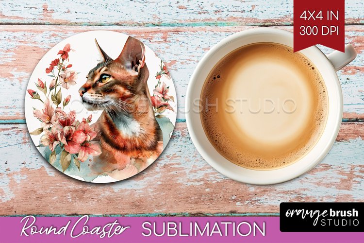 Floral Cat Round Coaster - Flowers Coaster PNG Sublimation