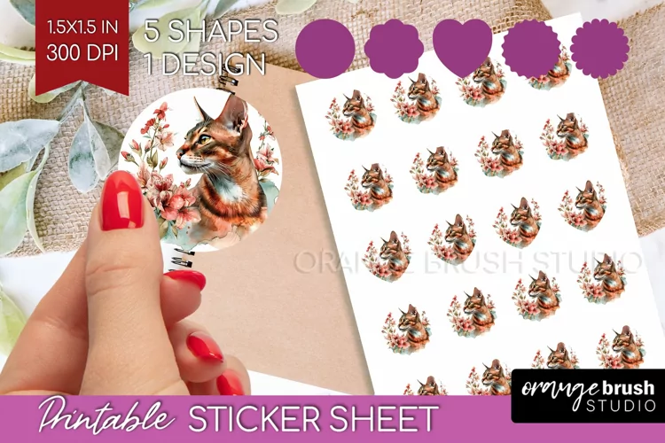 Floral Cat Round Sticker - Flowers Printable Sticker Sheet