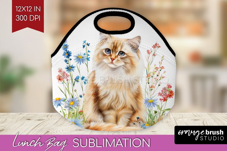 Floral Cat Lunch Bag - Flowers Lunch Bug PNG Sublimation example image 1