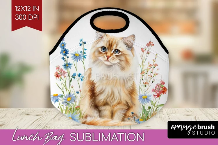 Floral Cat Lunch Bag - Flowers Lunch Bug PNG Sublimation