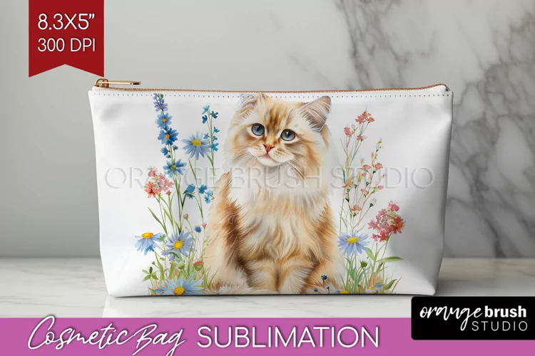 Floral Cat Cosmetic Bag - Flowers Makeup Bag PNG Sublimation