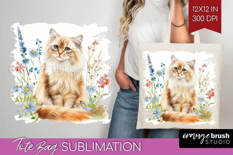 Floral Cat Tote Bag - Flowers Tote Bag PNG Sublimation