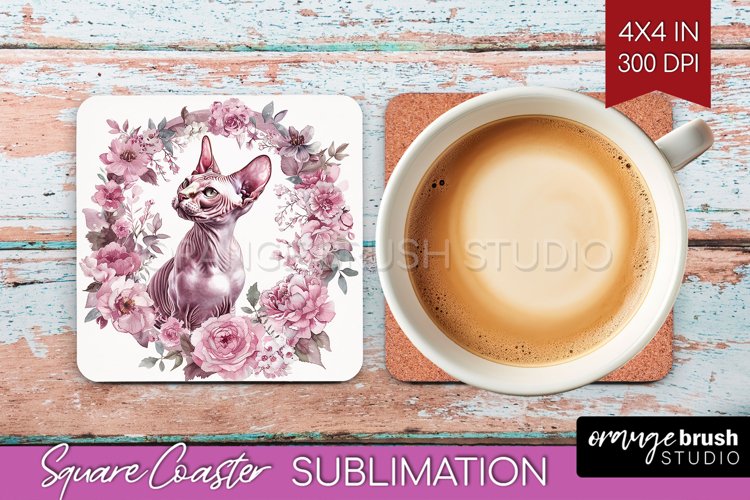 Floral Cat Square Coaster - Flowers Coaster PNG Sublimation