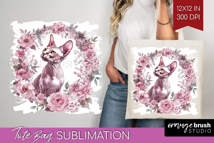 Floral Cat Tote Bag - Flowers Tote Bag PNG Sublimation