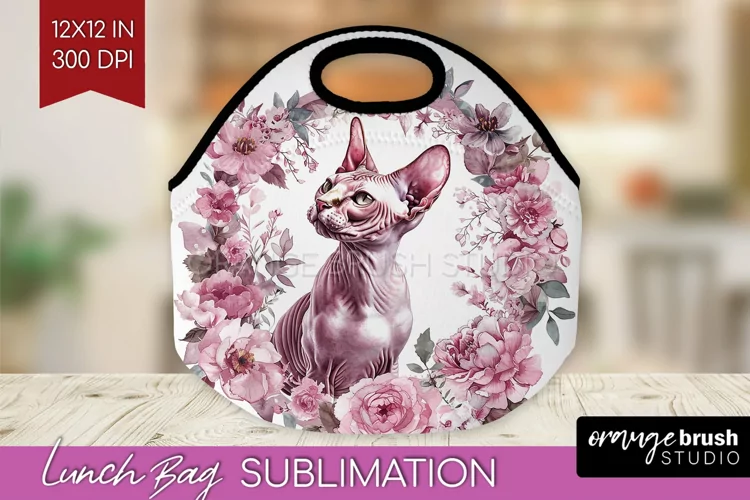 Floral Cat Lunch Bag - Flowers Lunch Bug PNG Sublimation