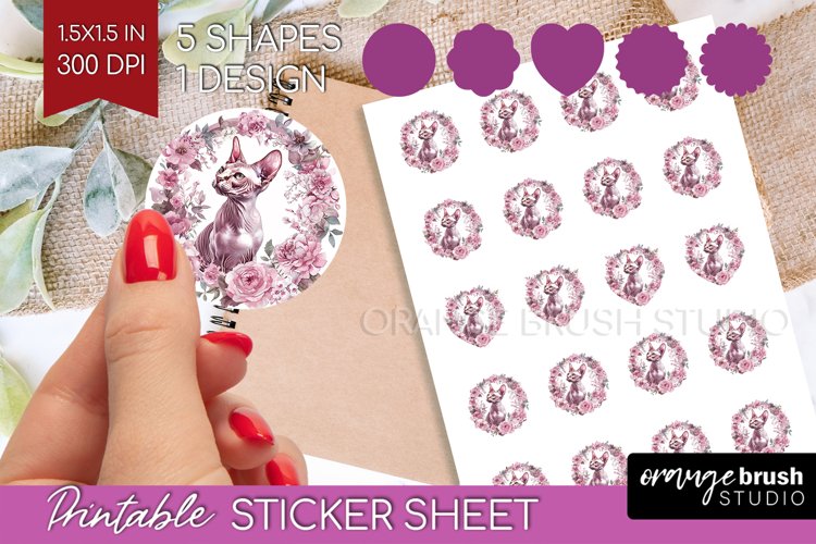 Floral Cat Round Sticker - Flowers Printable Sticker Sheet example image 1