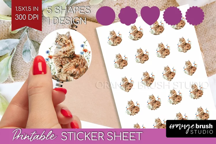 Floral Cat Round Sticker - Flowers Printable Sticker Sheet