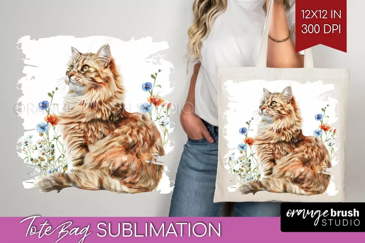 Floral Cat Tote Bag - Flowers Tote Bag PNG Sublimation