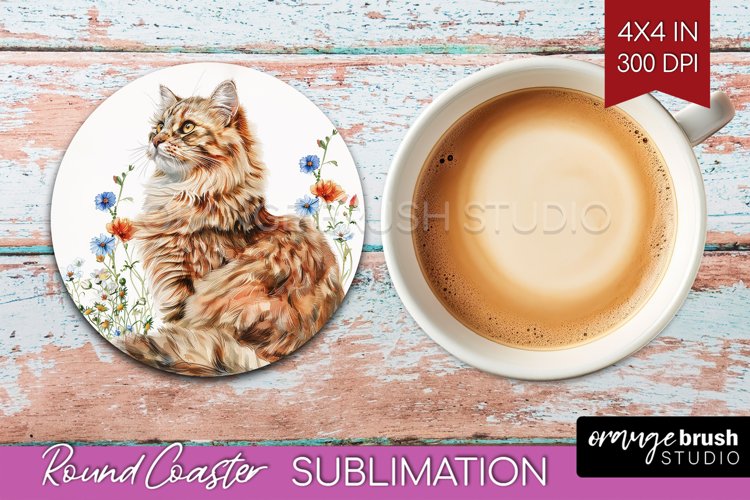 Floral Cat Round Coaster - Flowers Coaster PNG Sublimation