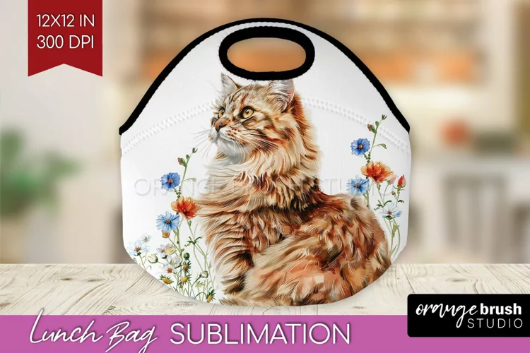 Floral Cat Lunch Bag - Flowers Lunch Bug PNG Sublimation