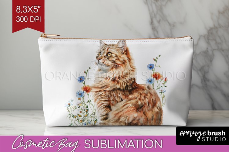 Floral Cat Cosmetic Bag - Flowers Makeup Bag PNG Sublimation example image 1