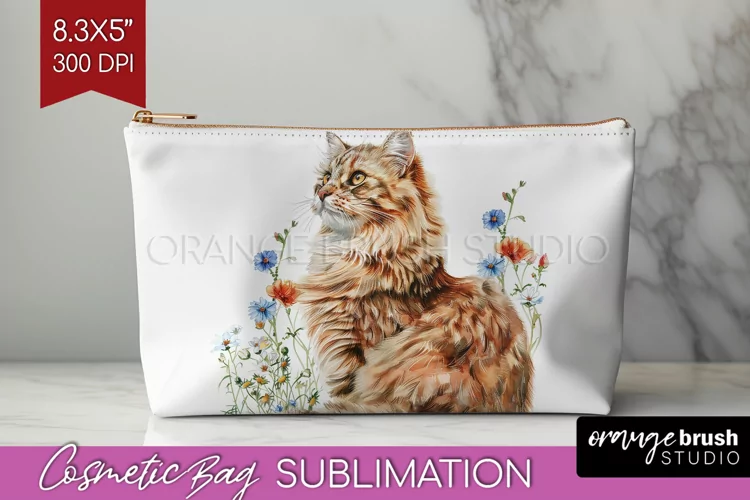 Floral Cat Cosmetic Bag - Flowers Makeup Bag PNG Sublimation