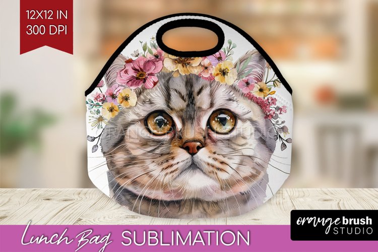 Floral Cat Lunch Bag - Flowers Lunch Bug PNG Sublimation example image 1