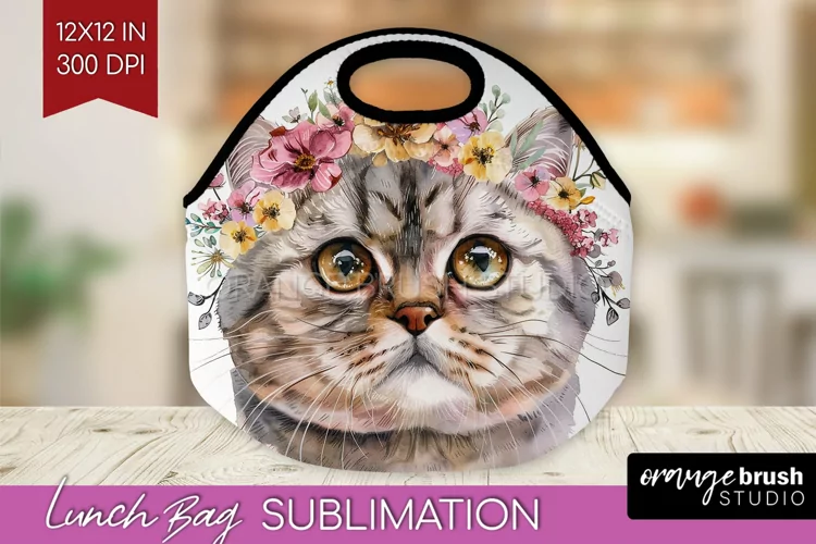 Floral Cat Lunch Bag - Flowers Lunch Bug PNG Sublimation
