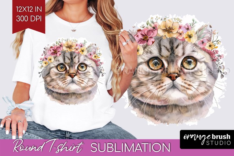 Floral Cat Round Tshirt Background - Flowers PNG Sublimation