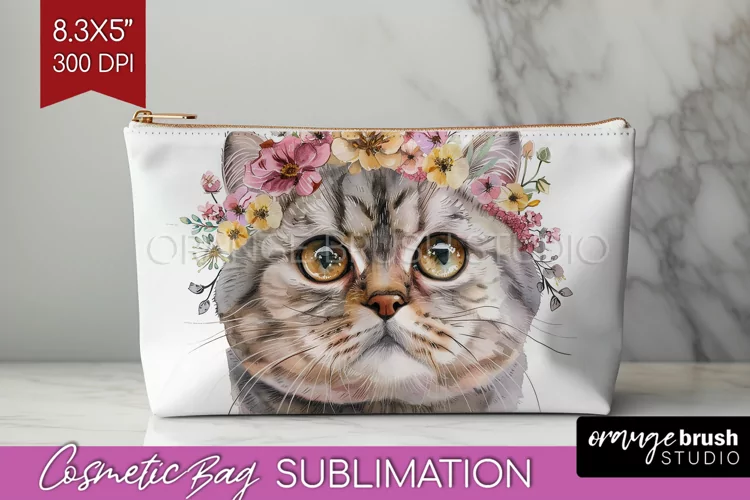 Floral Cat Cosmetic Bag - Flowers Makeup Bag PNG Sublimation
