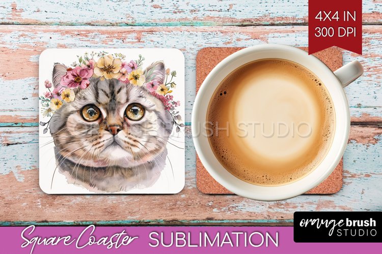 Floral Cat Square Coaster - Flowers Coaster PNG Sublimation