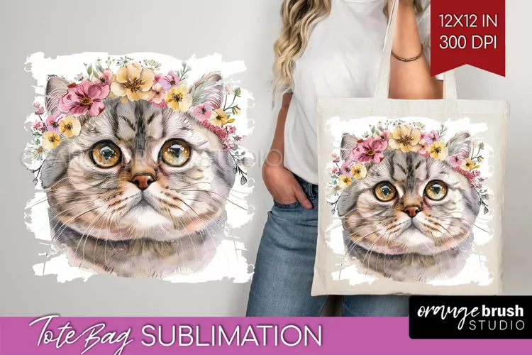Floral Cat Tote Bag - Flowers Tote Bag PNG Sublimation
