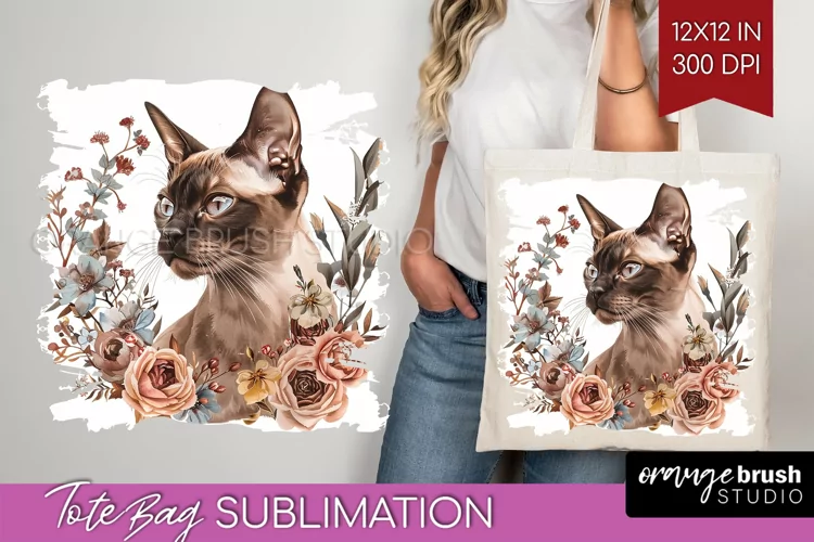 Floral Cat Tote Bag - Flowers Tote Bag PNG Sublimation