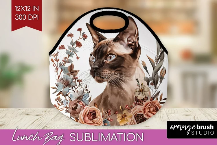 Floral Cat Lunch Bag - Flowers Lunch Bug PNG Sublimation