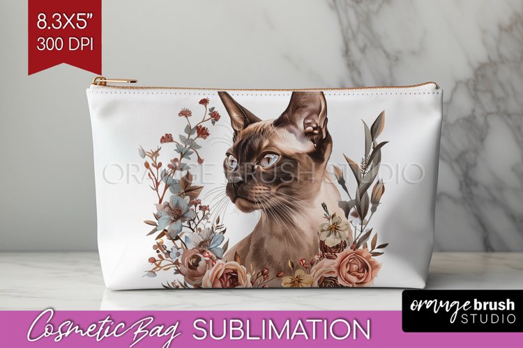 Floral Cat Cosmetic Bag - Flowers Makeup Bag PNG Sublimation example image 1