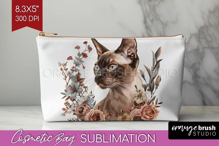 Floral Cat Cosmetic Bag - Flowers Makeup Bag PNG Sublimation