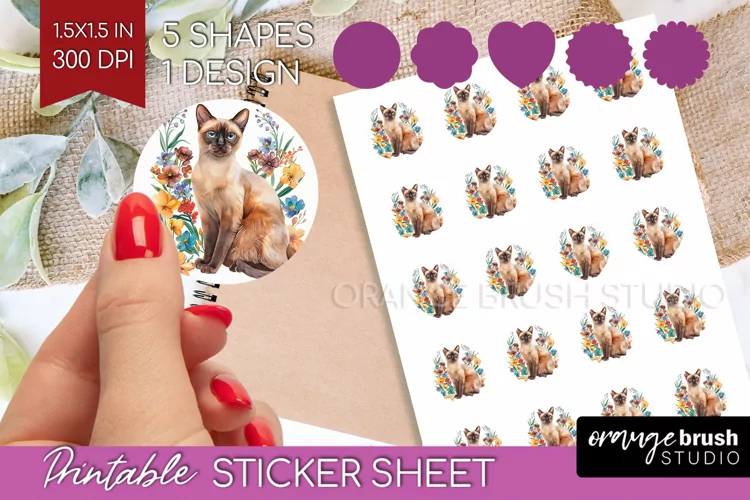 Floral Cat Round Sticker - Flowers Printable Sticker Sheet