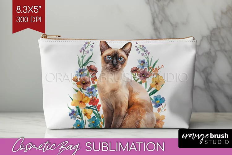 Floral Cat Cosmetic Bag - Flowers Makeup Bag PNG Sublimation