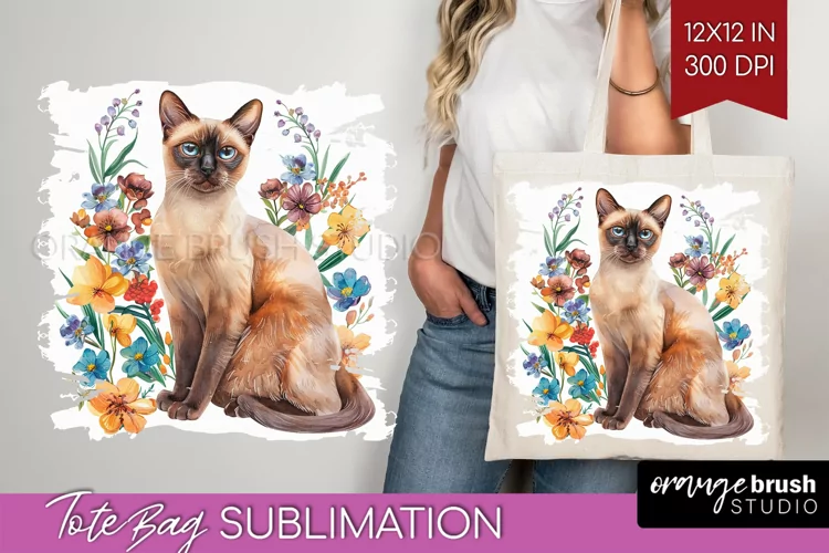 Floral Cat Tote Bag - Flowers Tote Bag PNG Sublimation