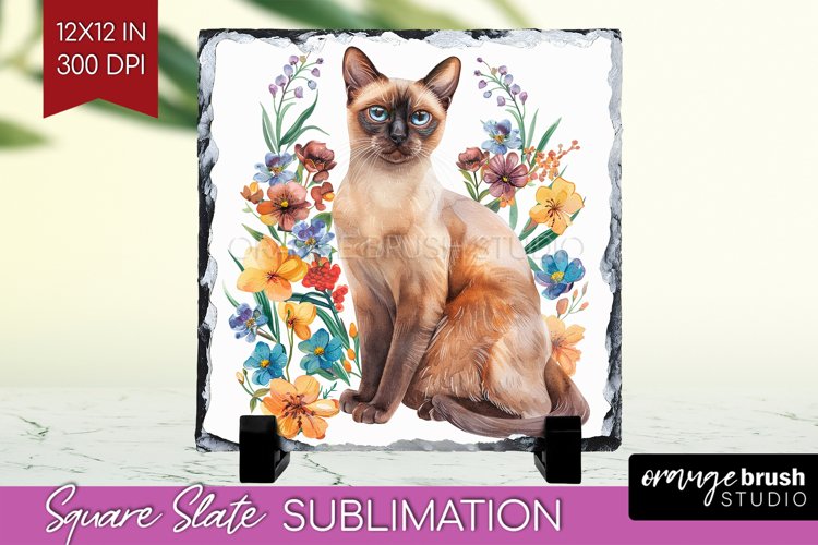 Floral Cat Slate PNG - Flowers Square Slate Sublimation